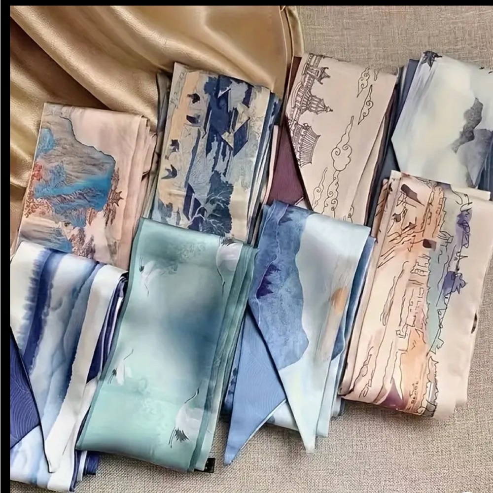 4 piece Silk Scarf Collection in Blue and Beige Tones